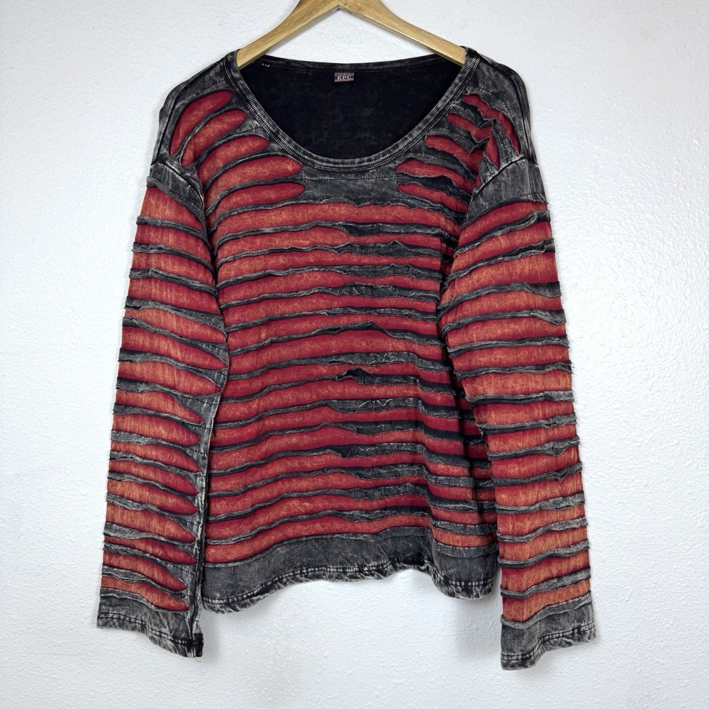 KPC Distressed Shirt Red And Black Women's Medium Textured Grunge Boho Hippie